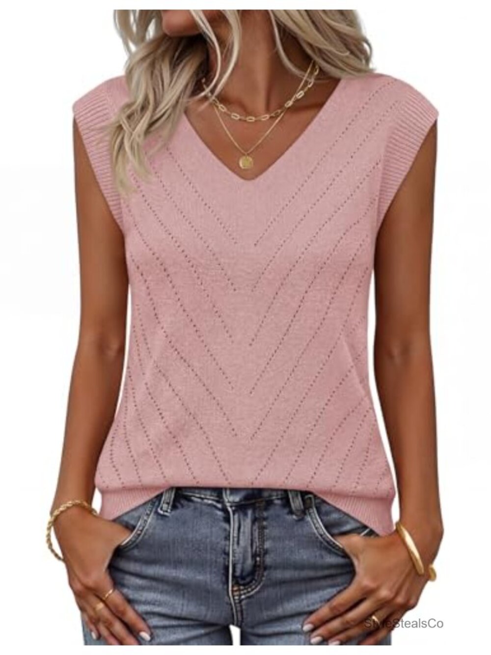 Lightweight Sweater Vest Sleeveless V Neck Eyelet Tank Top